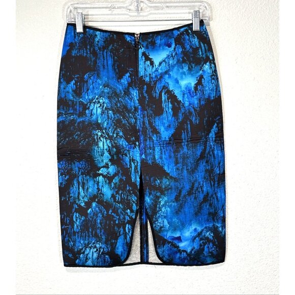 ZARA Blue Abstract Neoprene Pencil Skirt Medium | Stretch Bodycon Office - Picture 2 of 10